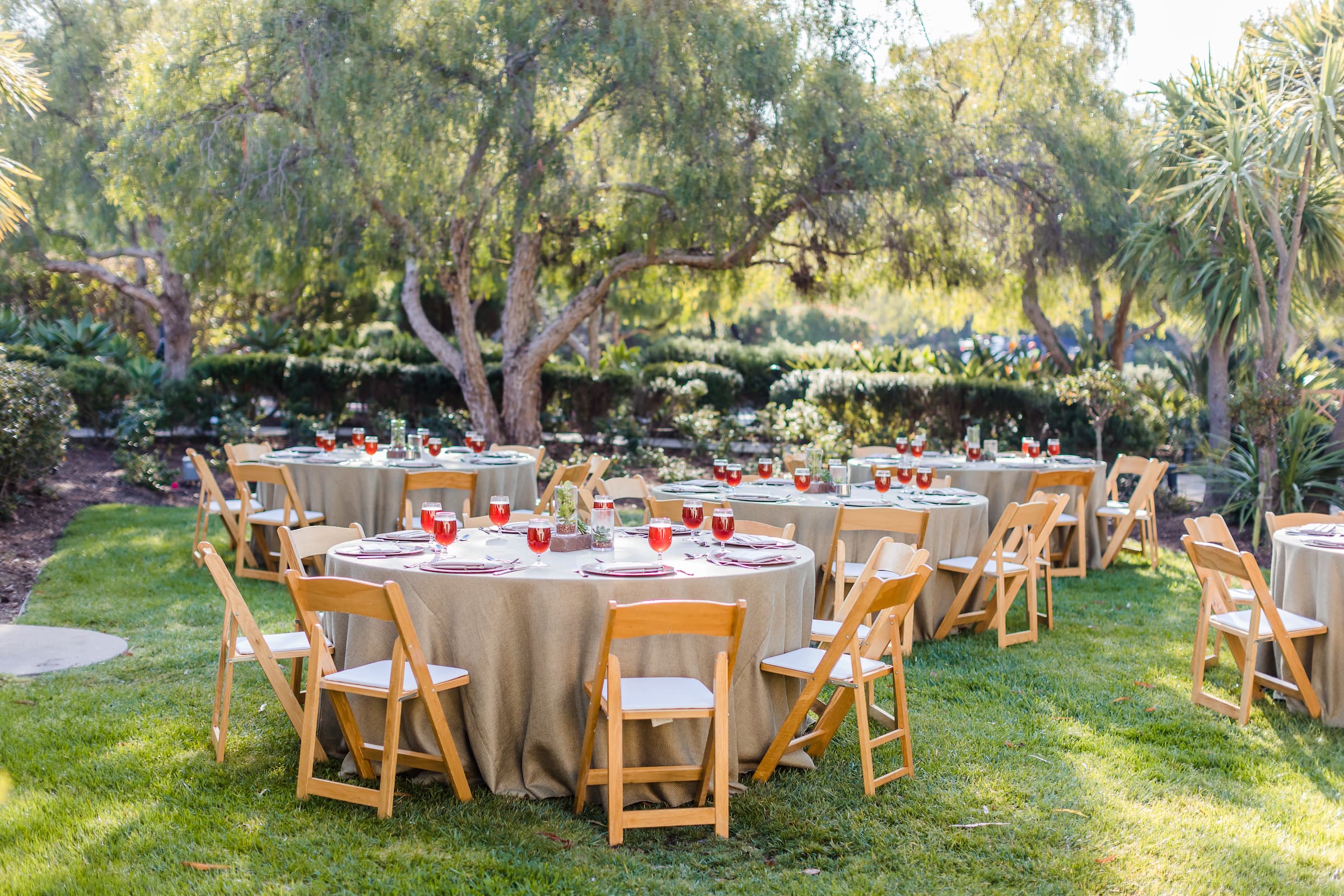 Outdoor dining area surrounded by trees and shrubbery in Estancia La Jolla, California