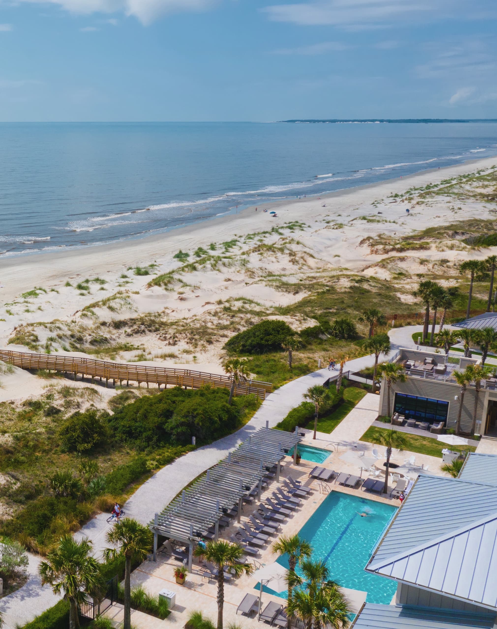 Aerial view of the Jekyll Ocean Club's pool with access to the beach