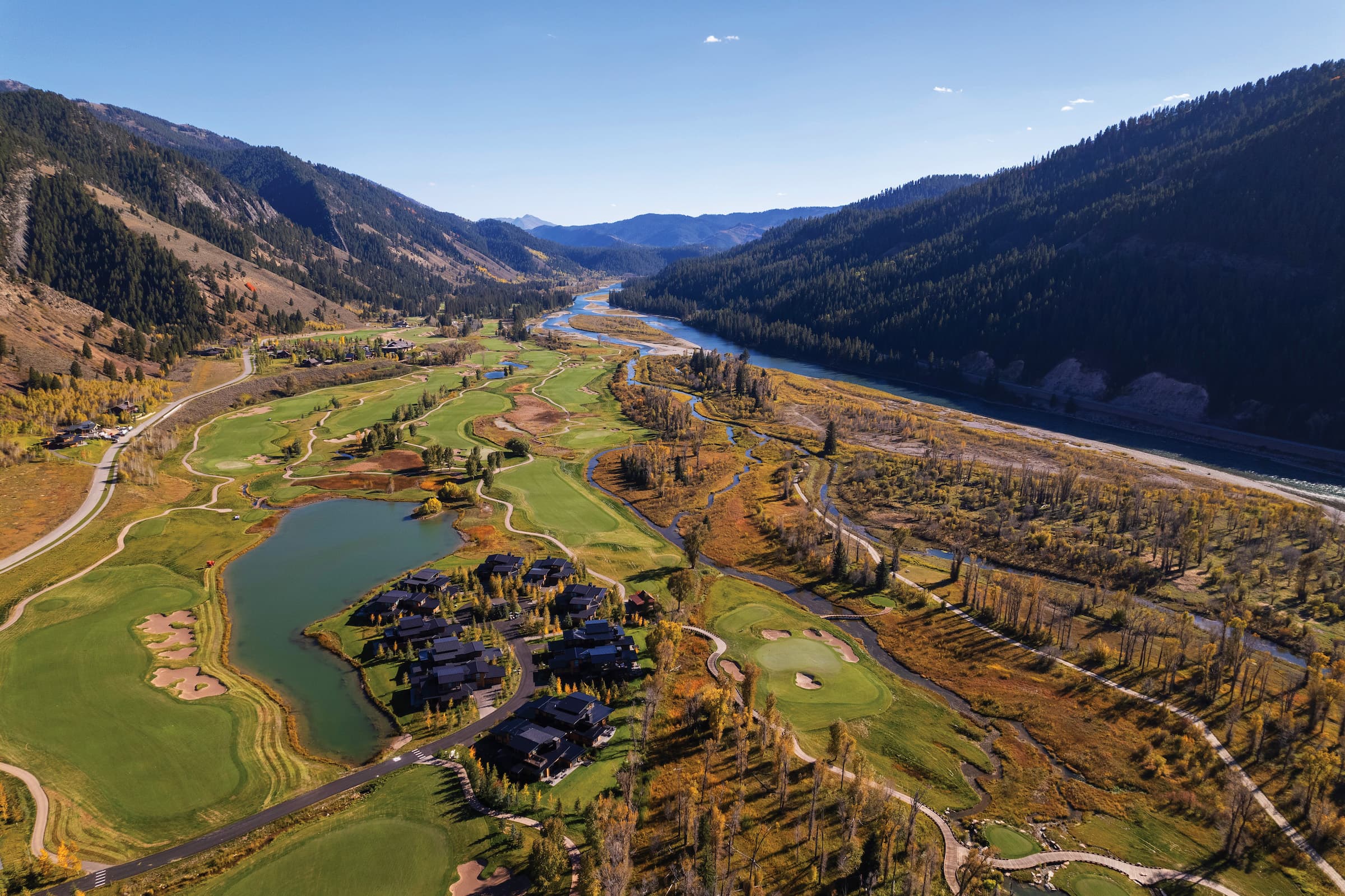 aerial view of the golf course and properties at the Snake River Sporting Club in Jackson, Wyoming