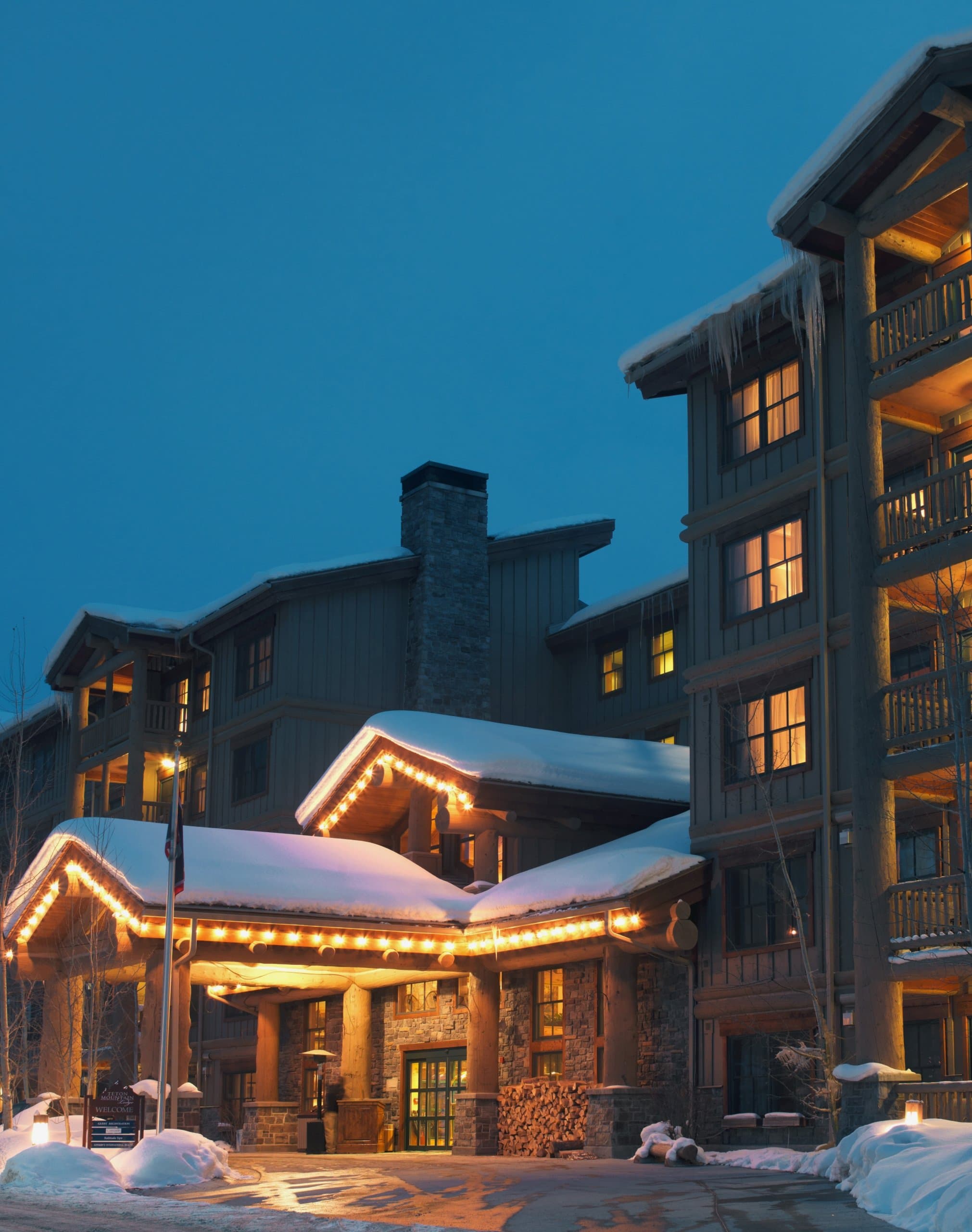 Snowy exterior of Teton Mountain Lodge