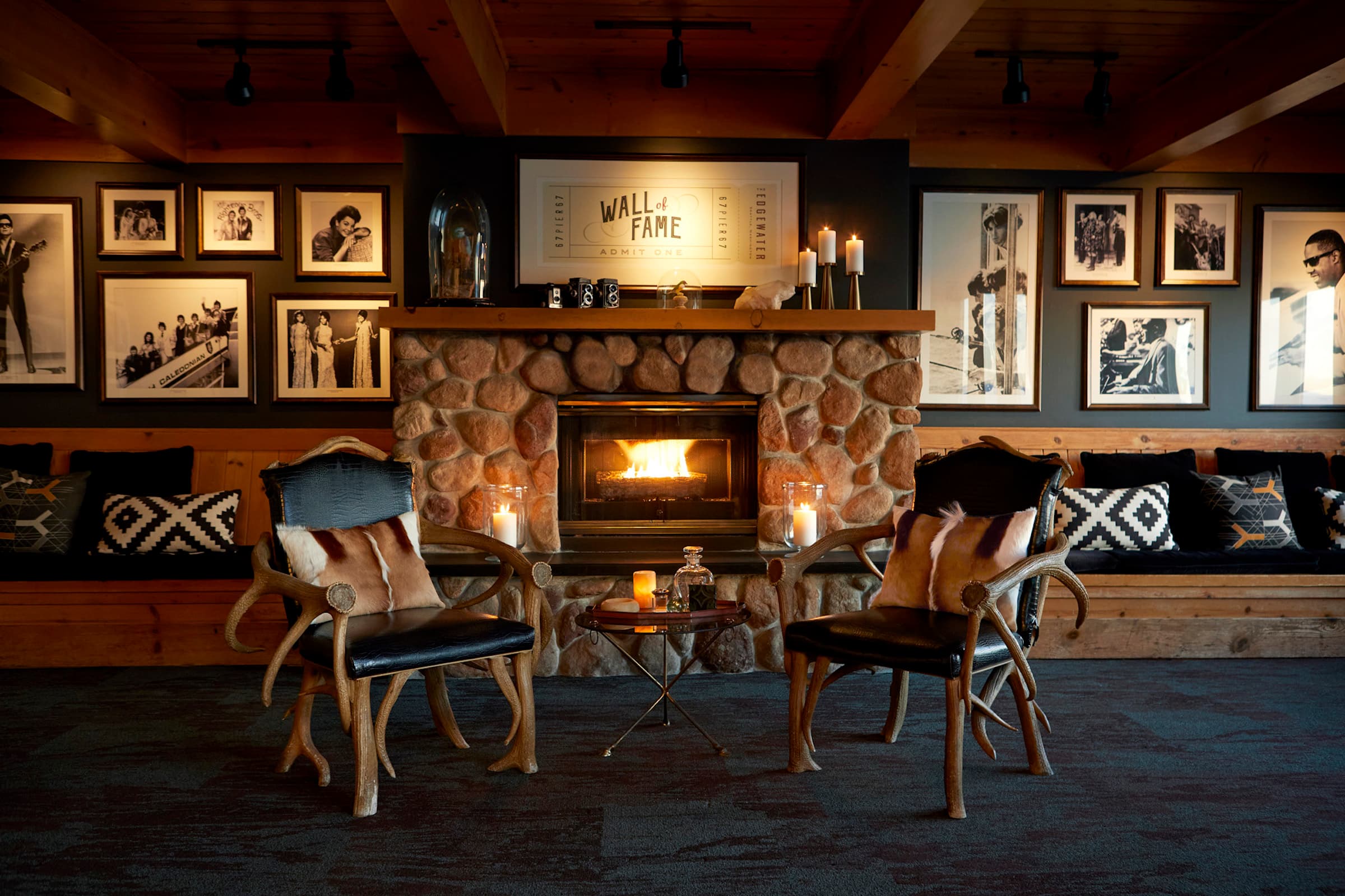 Seating area next to a fireplace at The Edgewater Hotel, Seattle, Washington