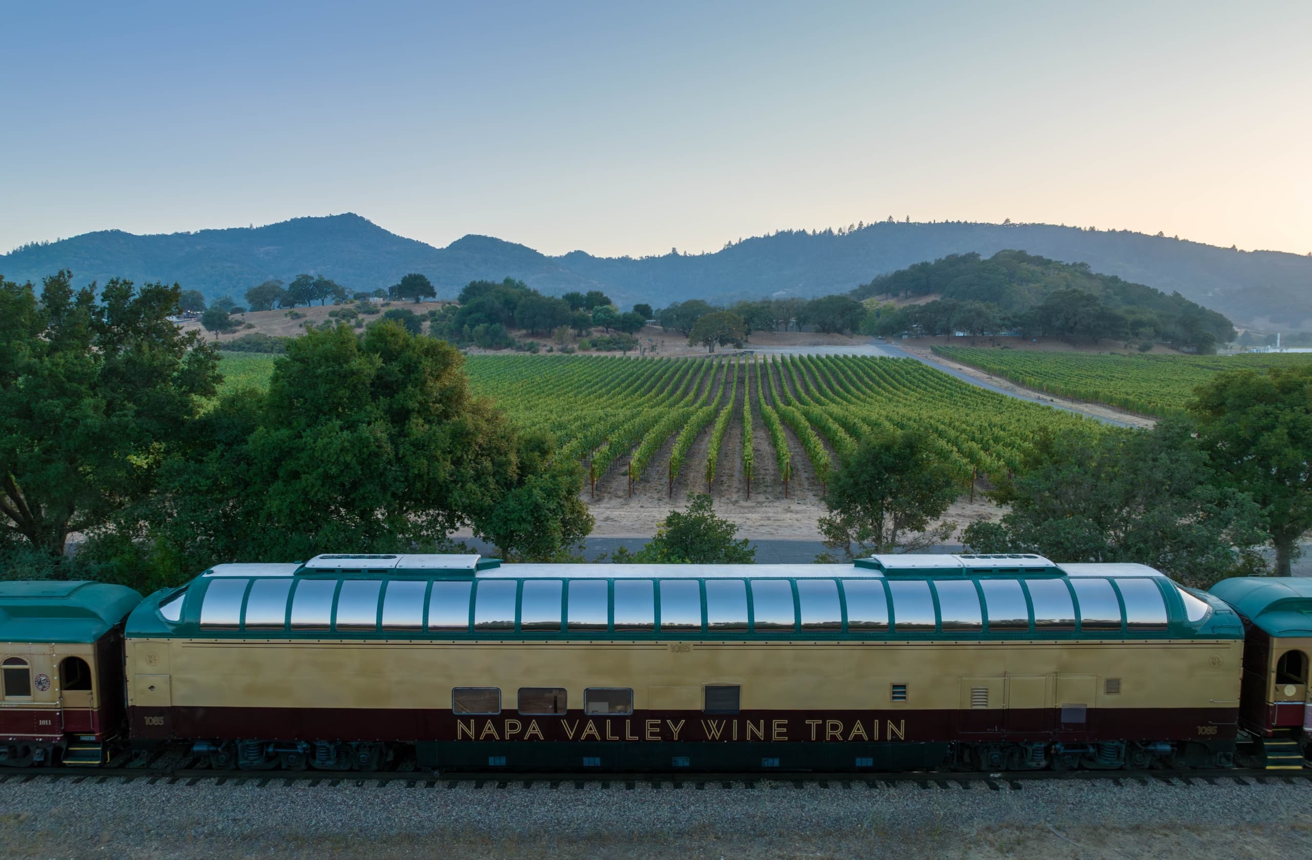 Napa Valley Wine Train on the train tracks next to fields